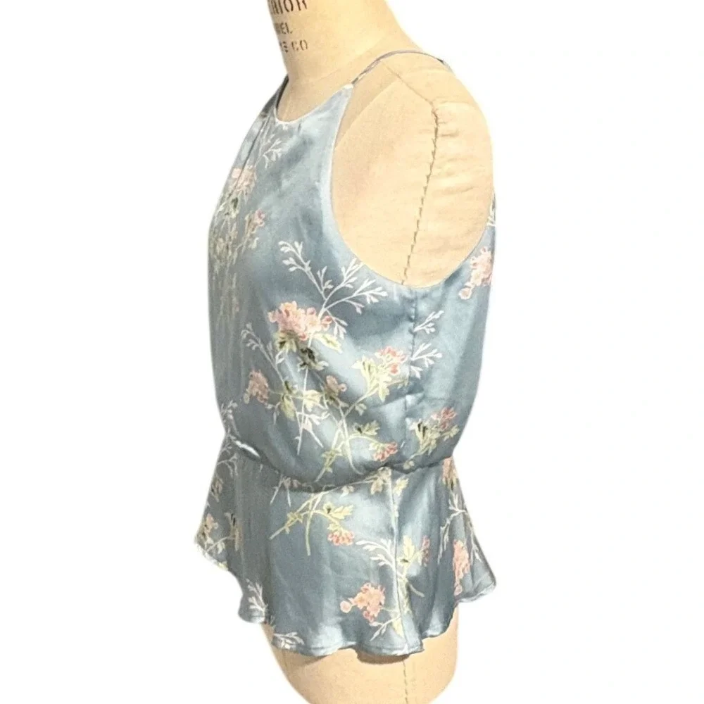 Lush Blue Floral Satin Peplum Halter Top Sleeveless High Neck Medium Cottagecore - Picture 2 of 9